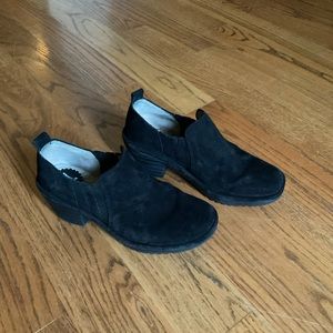 Black suede leather Fly London loafers.